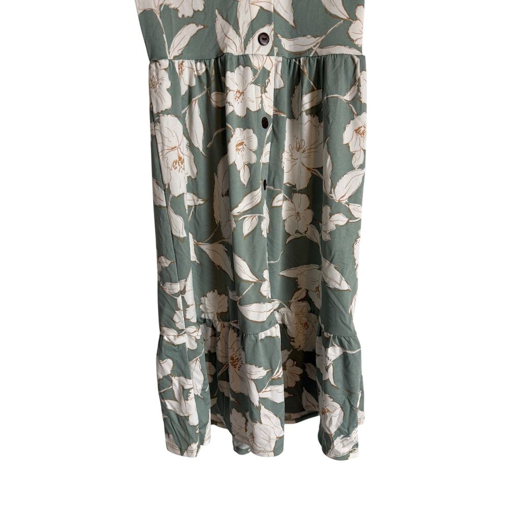 Monteau Sage Green White Floral Print Button VNeck Short Sleeve Midi Dress Small - Picture 3 of 8